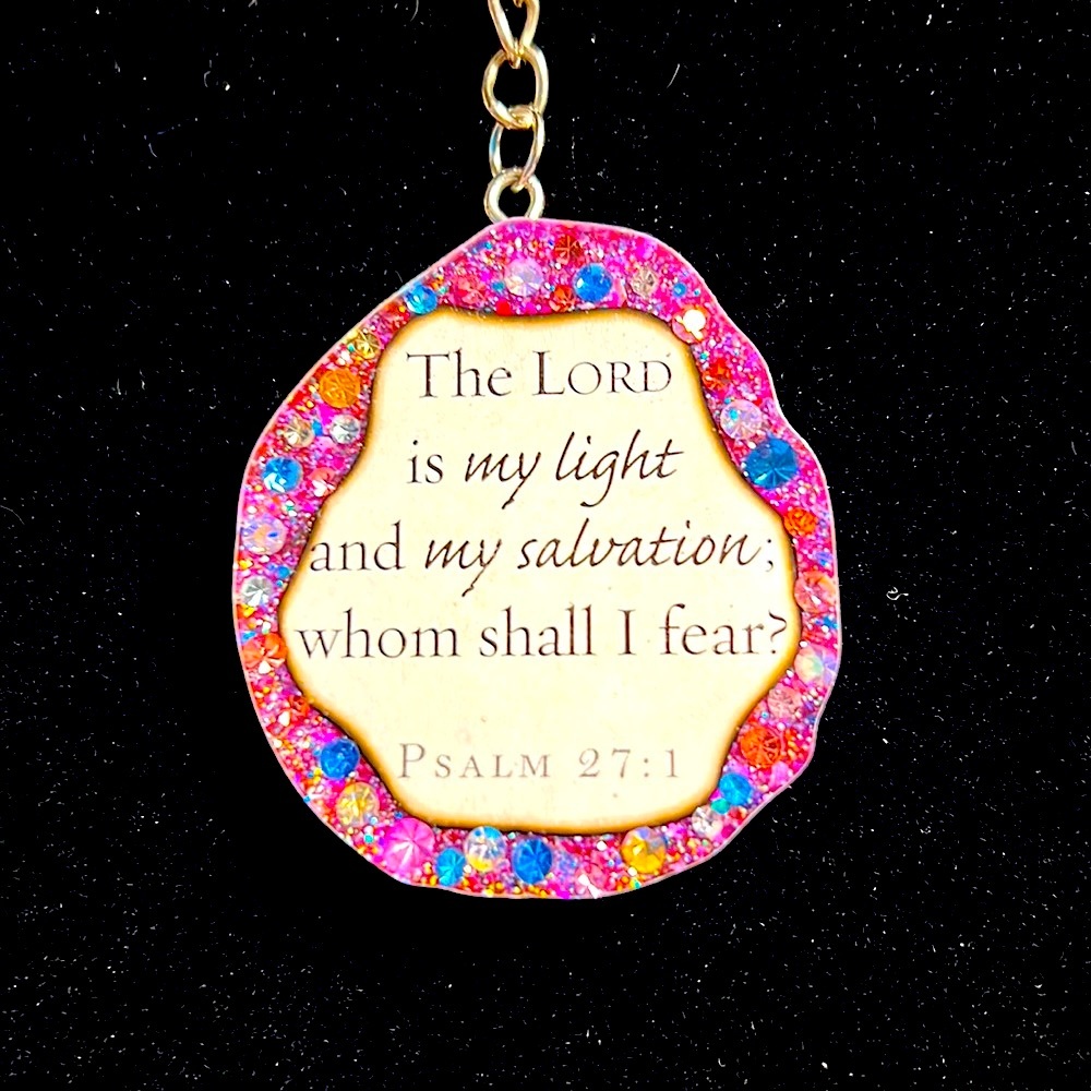 Resin keychain: Pink chunky glitter, different colored diamonds w/Bible verse🩷